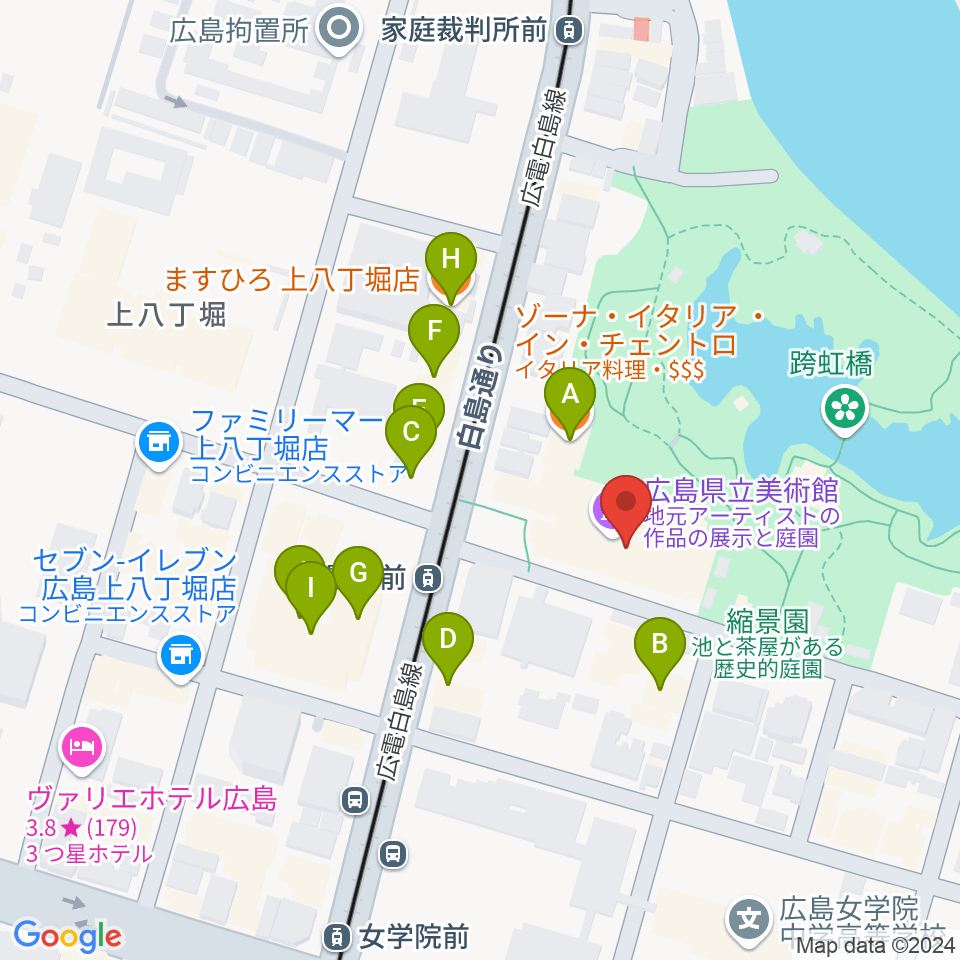 広島県立美術館周辺のファミレス・ファーストフード一覧地図