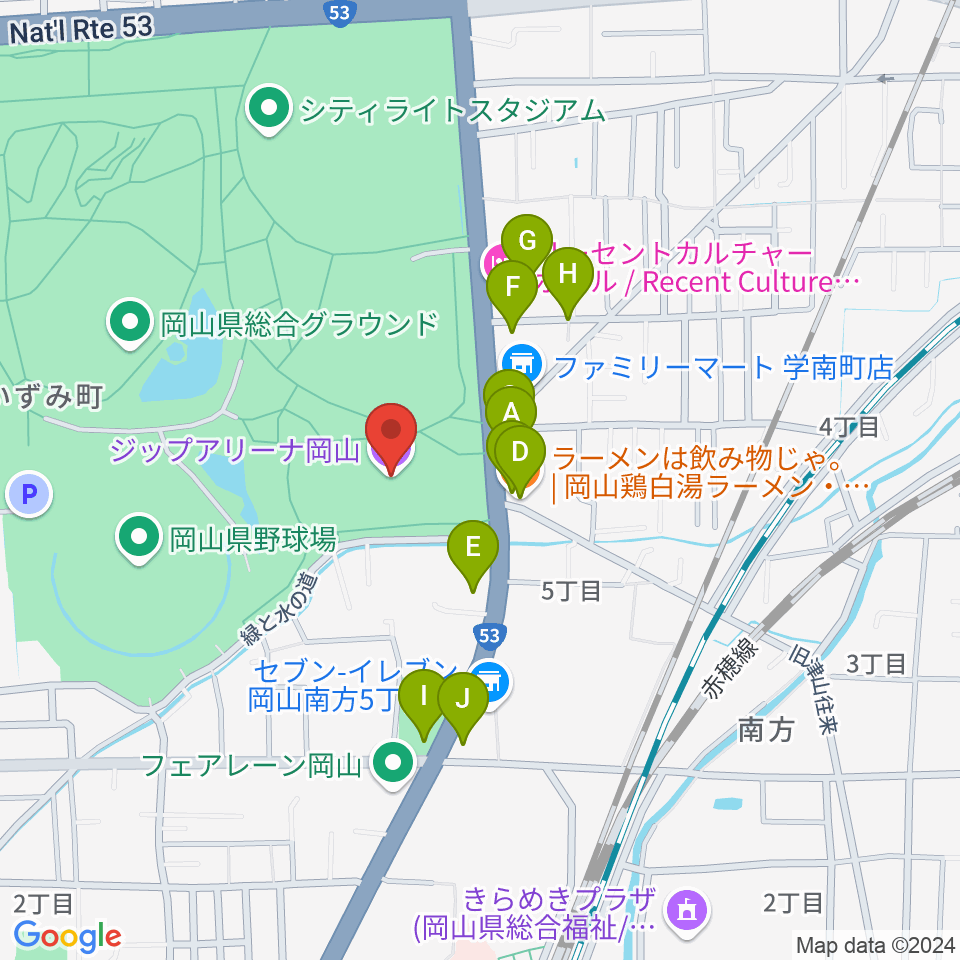 ジップアリーナ岡山周辺のファミレス・ファーストフード一覧地図