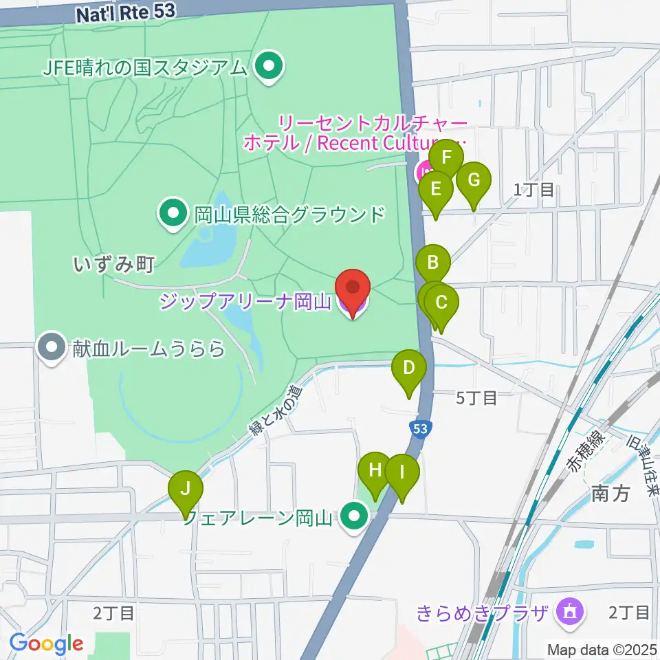 ジップアリーナ岡山周辺のファミレス・ファーストフード一覧地図