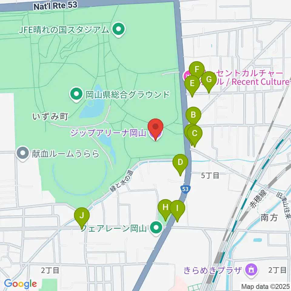 シゲトーアリーナ岡山周辺のファミレス・ファーストフード一覧地図