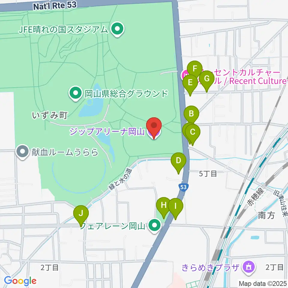 シゲトーアリーナ岡山周辺のファミレス・ファーストフード一覧地図