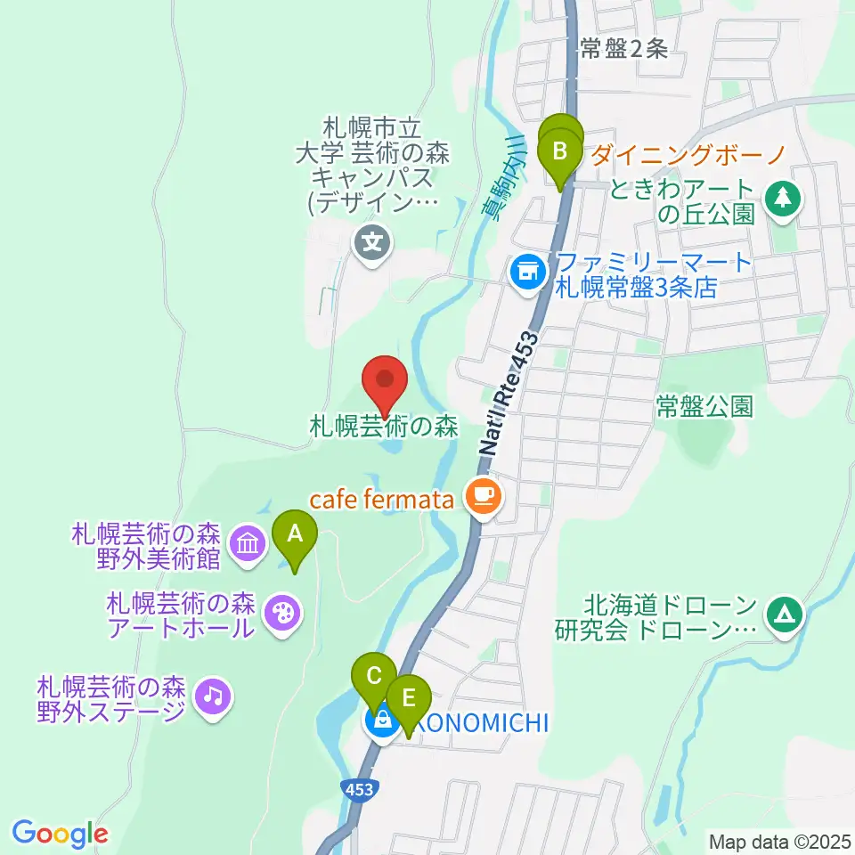 札幌芸術の森美術館周辺のファミレス・ファーストフード一覧地図