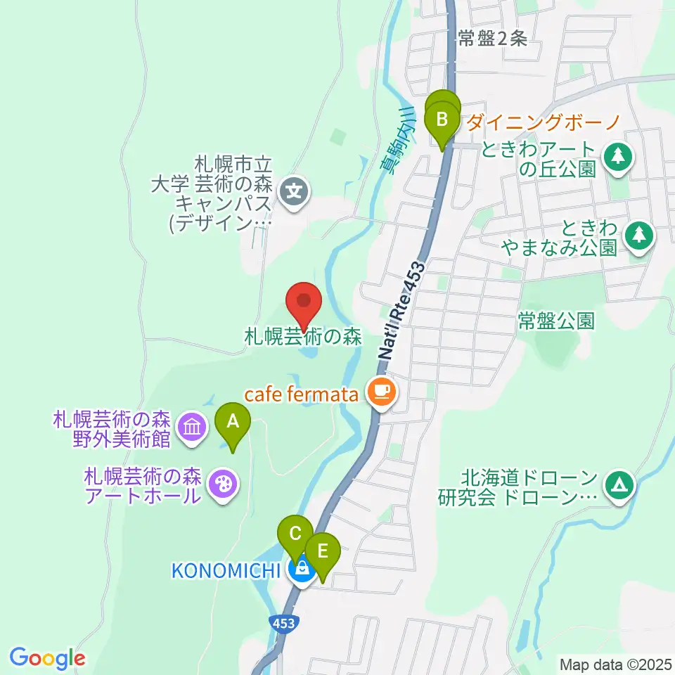 札幌芸術の森美術館周辺のファミレス・ファーストフード一覧地図
