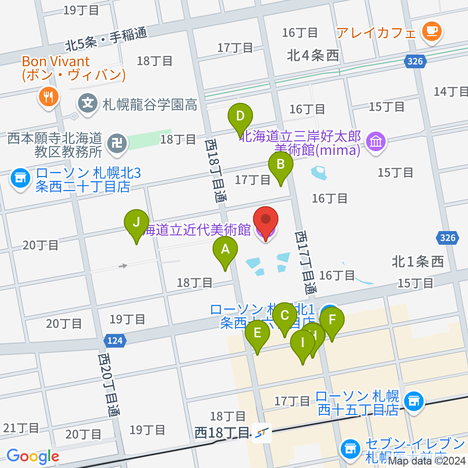 北海道立近代美術館周辺のファミレス・ファーストフード一覧地図