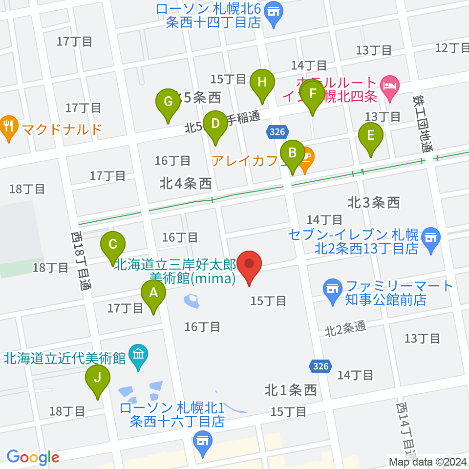 mima 北海道立三岸好太郎美術館周辺のファミレス・ファーストフード一覧地図