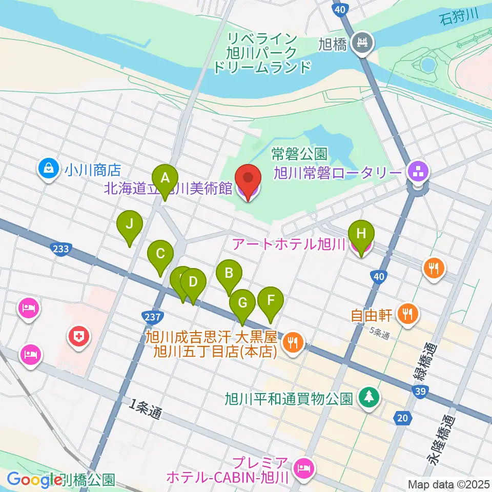 北海道立旭川美術館周辺のファミレス・ファーストフード一覧地図