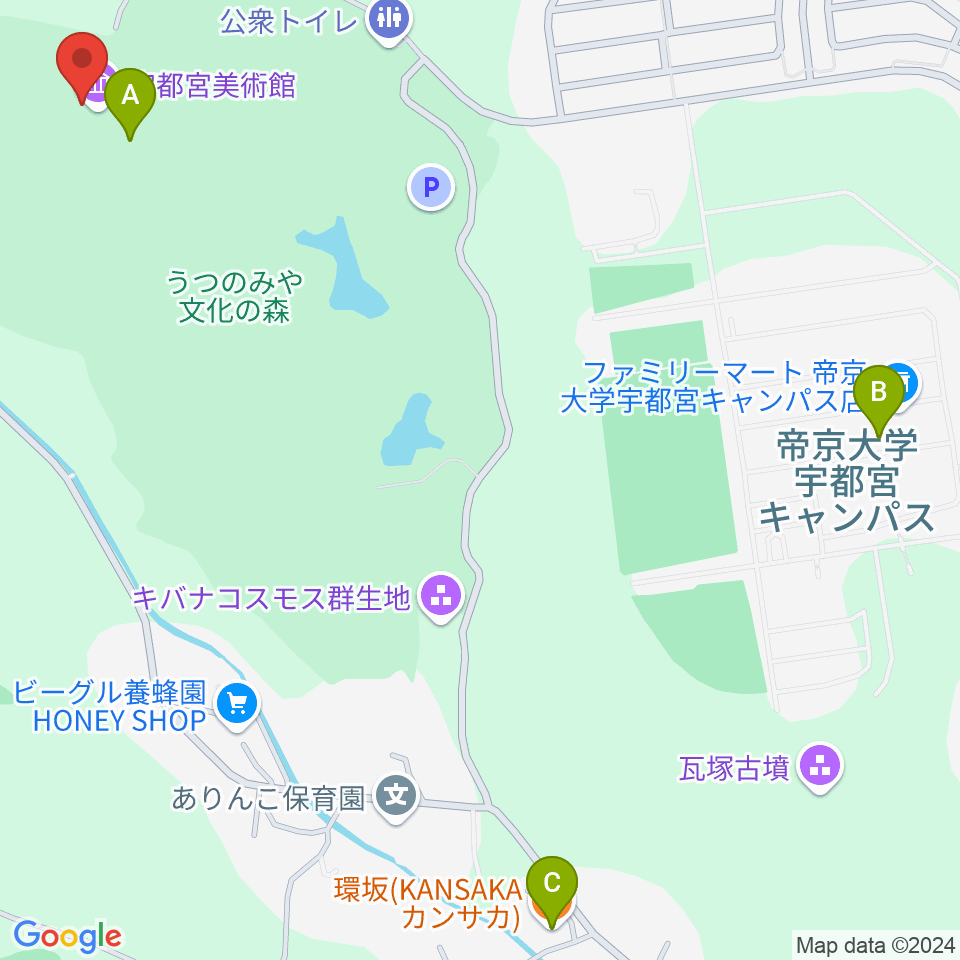 宇都宮美術館周辺のファミレス・ファーストフード一覧地図