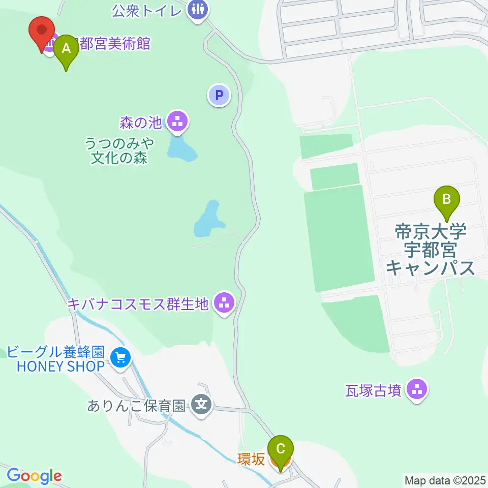 宇都宮美術館周辺のファミレス・ファーストフード一覧地図