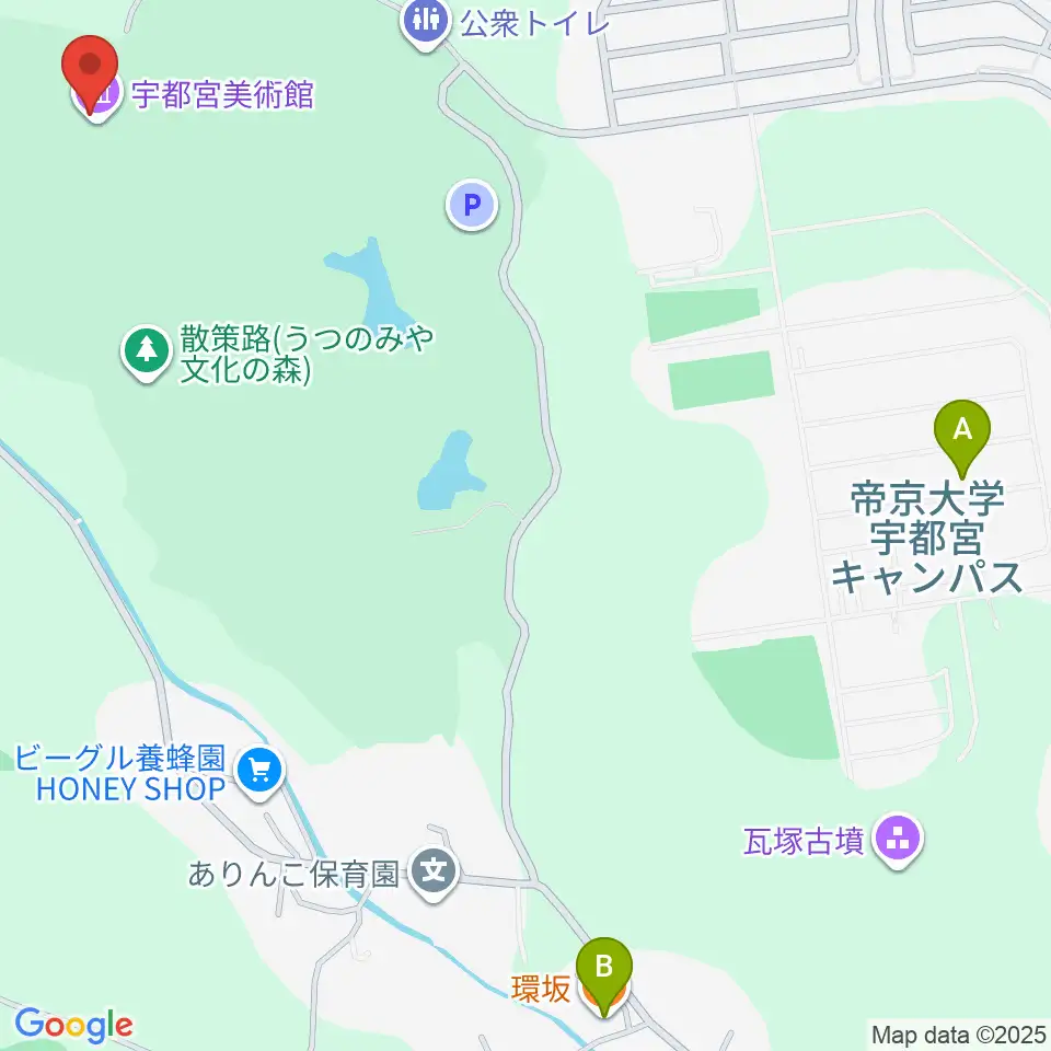 宇都宮美術館周辺のファミレス・ファーストフード一覧地図