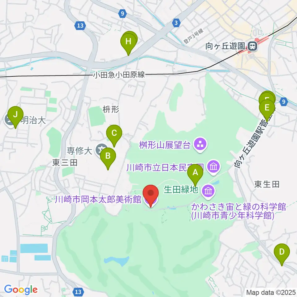 川崎市岡本太郎美術館周辺のファミレス・ファーストフード一覧地図