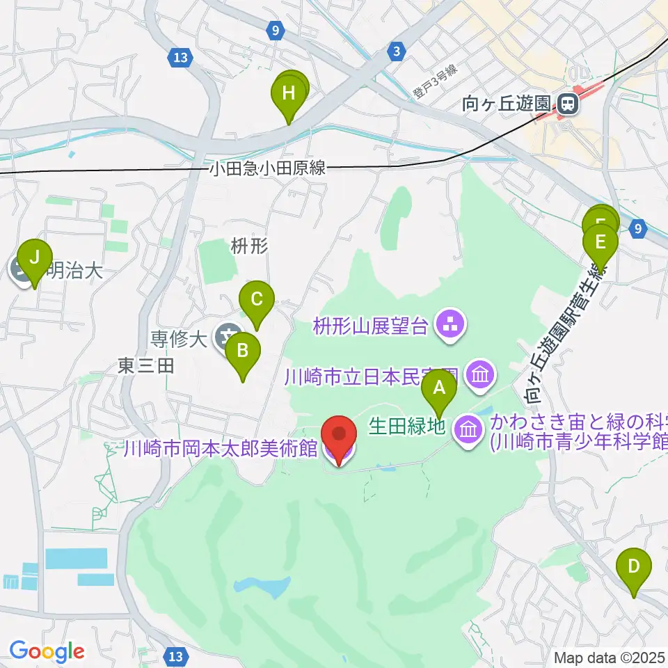 川崎市岡本太郎美術館周辺のファミレス・ファーストフード一覧地図