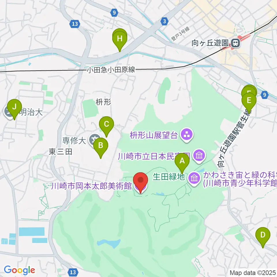 川崎市岡本太郎美術館周辺のファミレス・ファーストフード一覧地図
