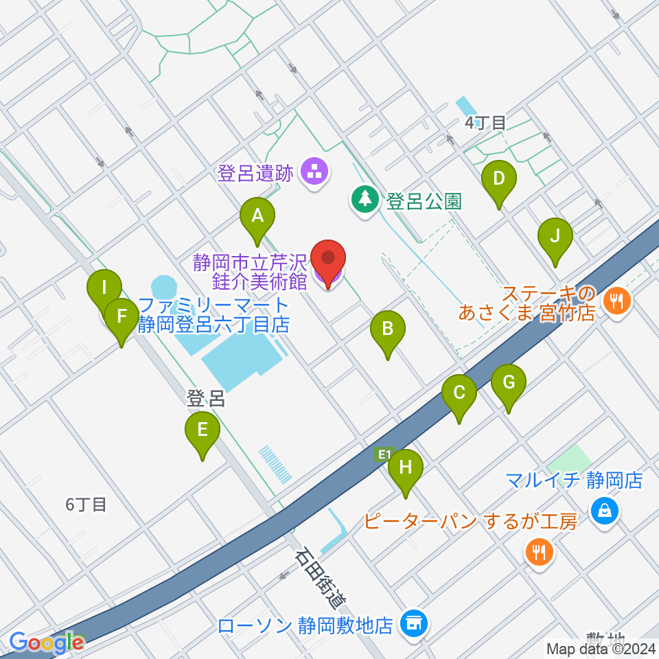 静岡市立芹沢銈介美術館周辺のファミレス・ファーストフード一覧地図