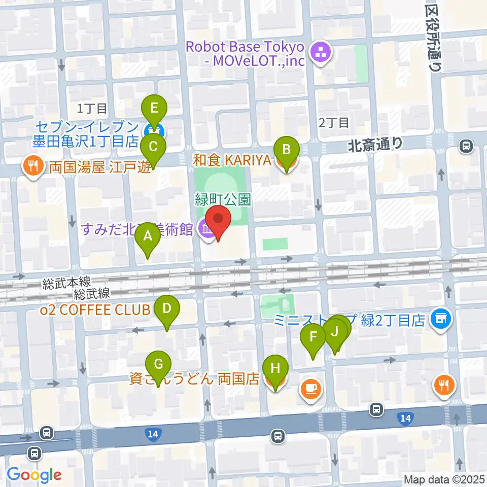 すみだ北斎美術館周辺のファミレス・ファーストフード一覧地図