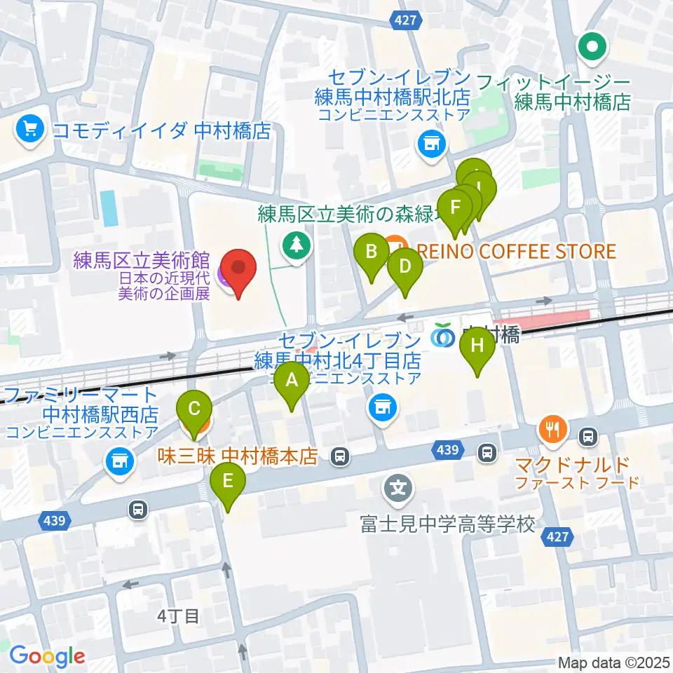 練馬区立美術館周辺のファミレス・ファーストフード一覧地図