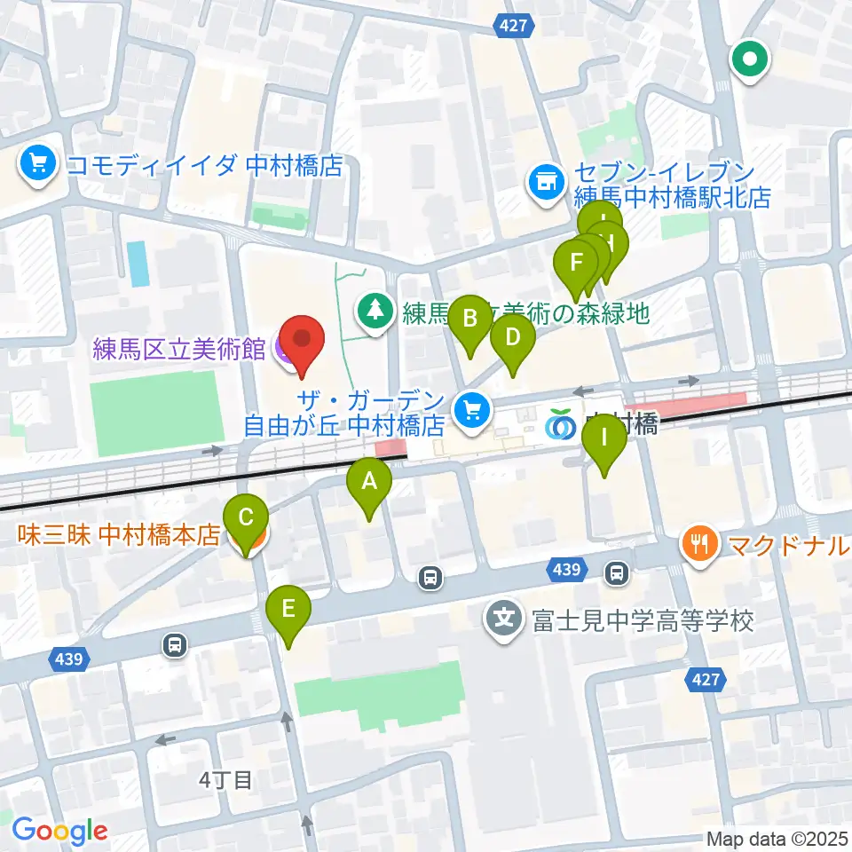 練馬区立美術館周辺のファミレス・ファーストフード一覧地図