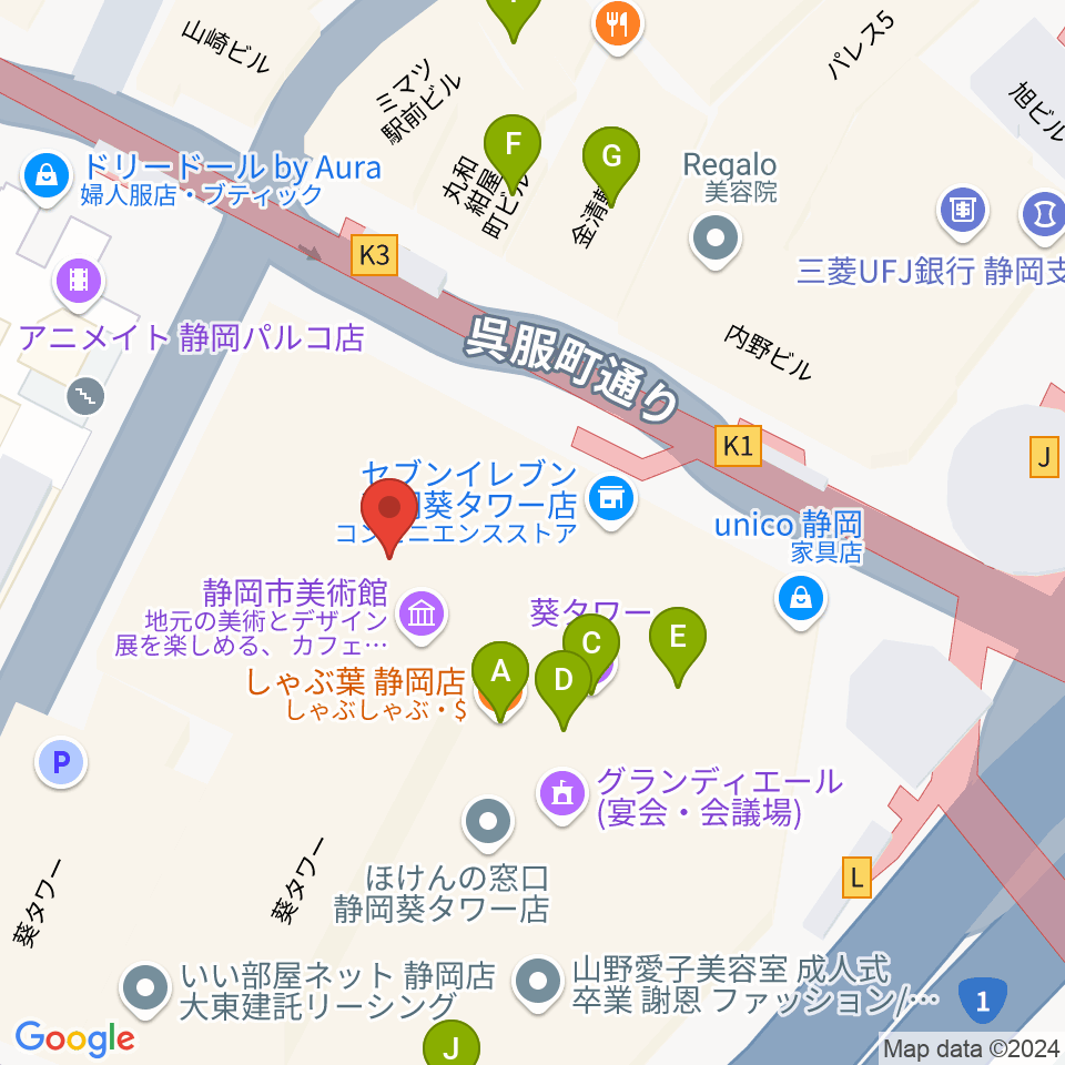 静岡市美術館周辺のファミレス・ファーストフード一覧地図