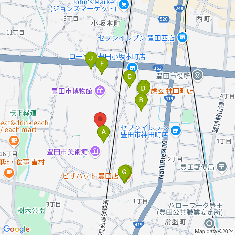 豊田市美術館周辺のファミレス・ファーストフード一覧地図