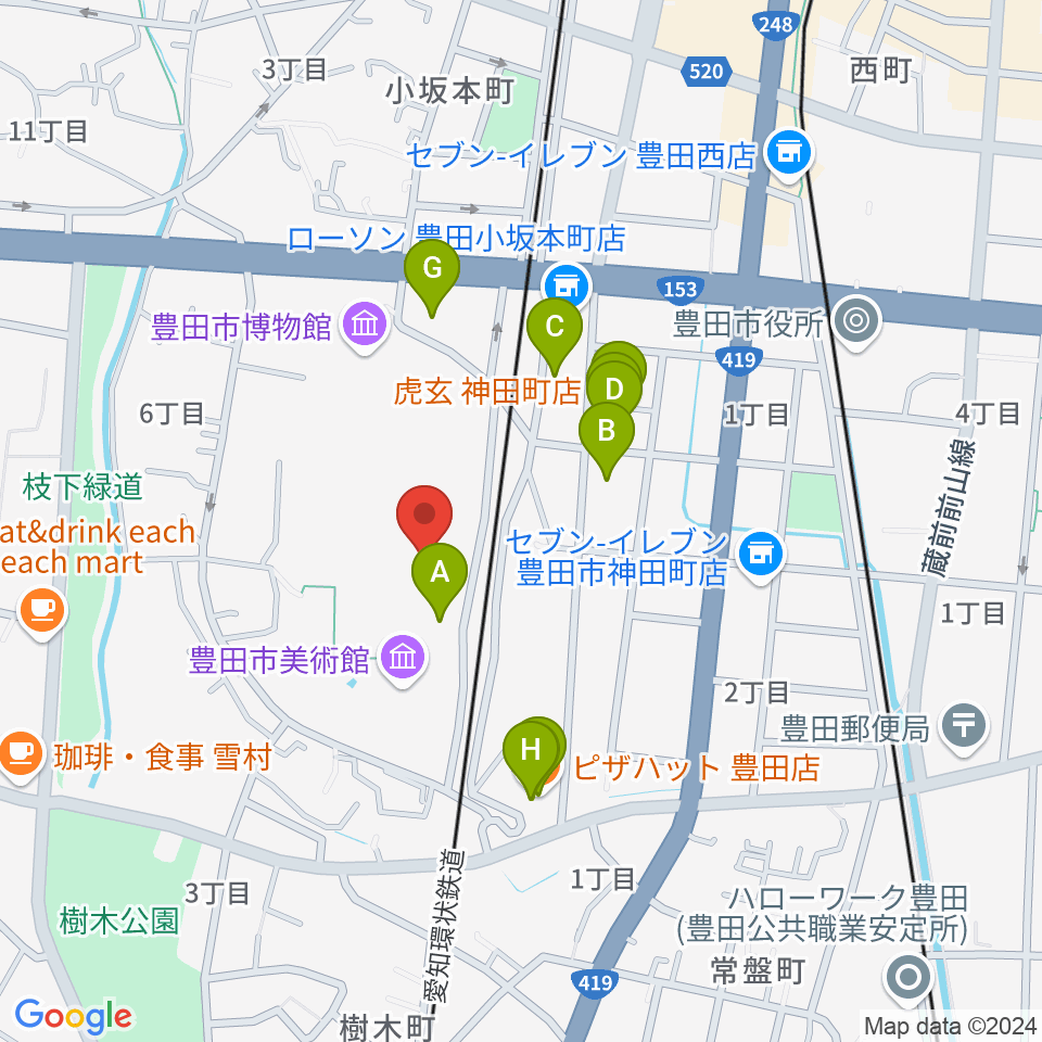 豊田市美術館周辺のファミレス・ファーストフード一覧地図