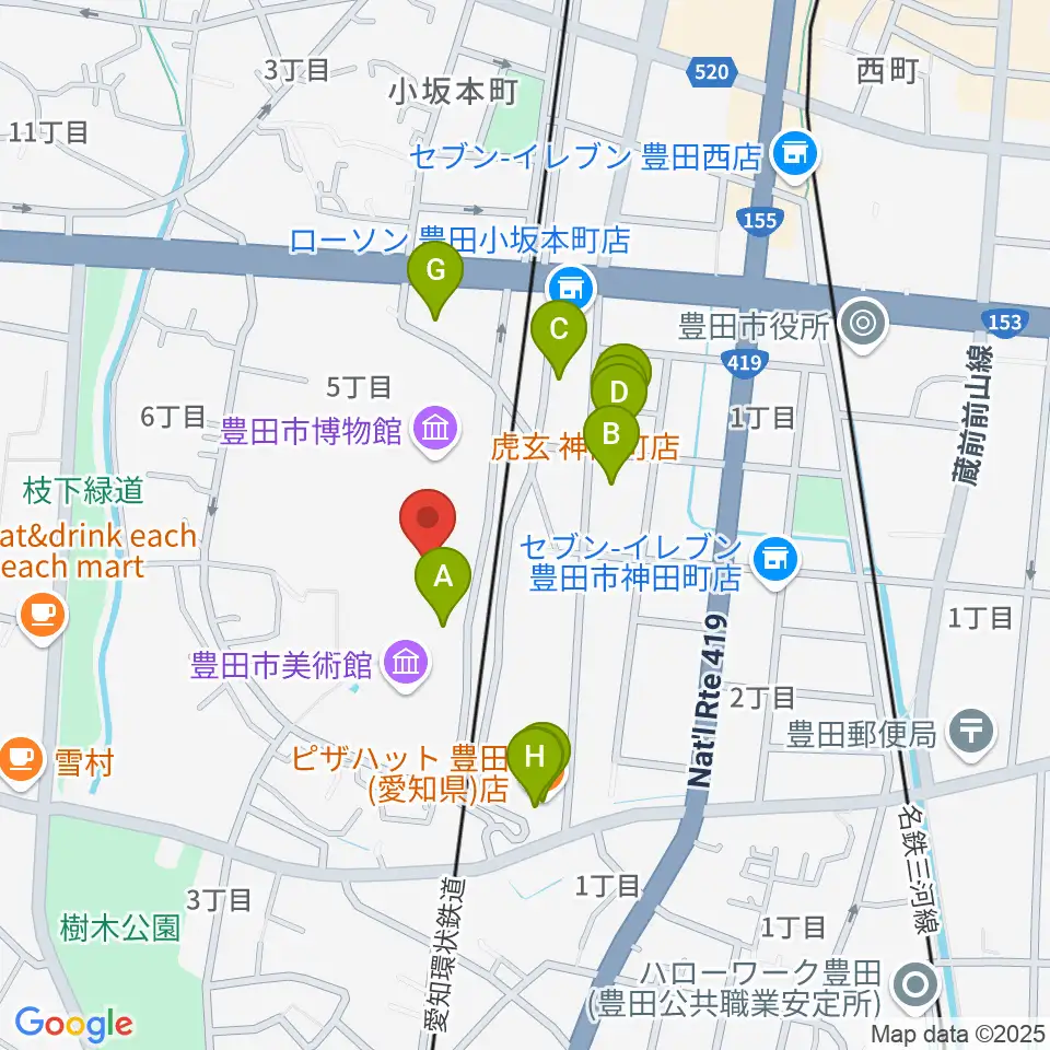豊田市美術館周辺のファミレス・ファーストフード一覧地図