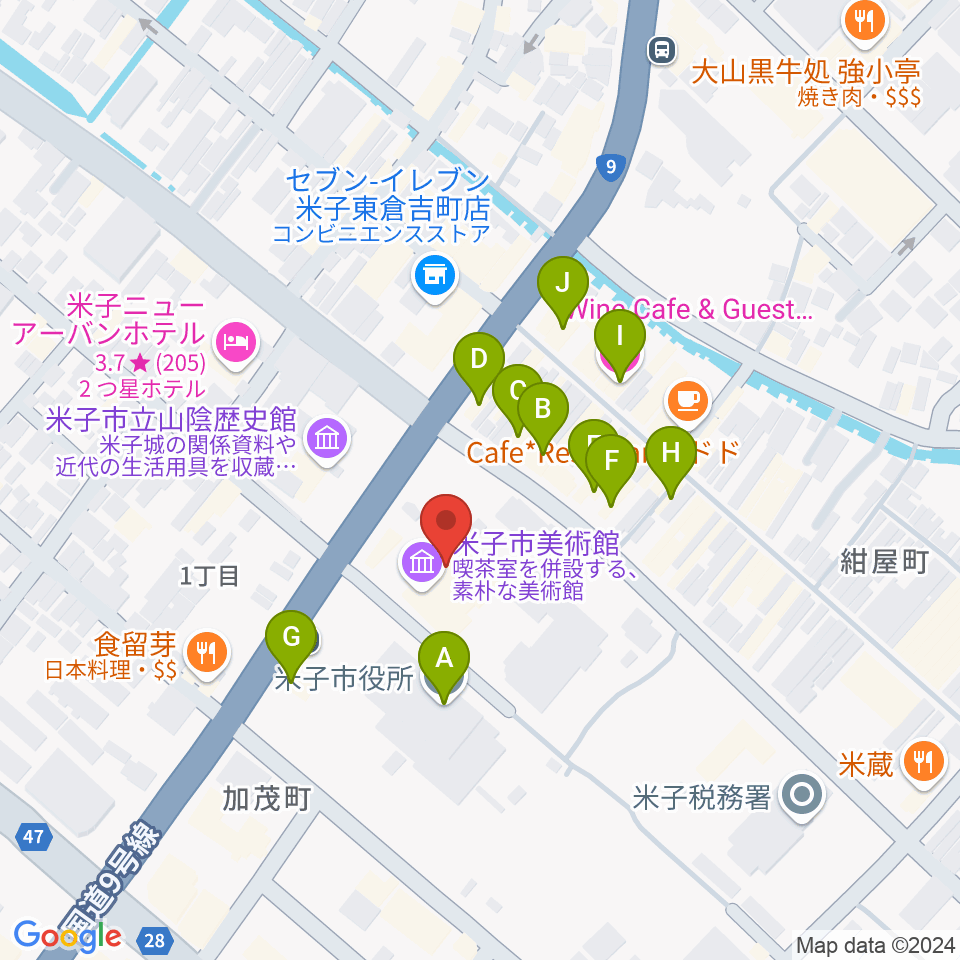 米子市美術館周辺のファミレス・ファーストフード一覧地図