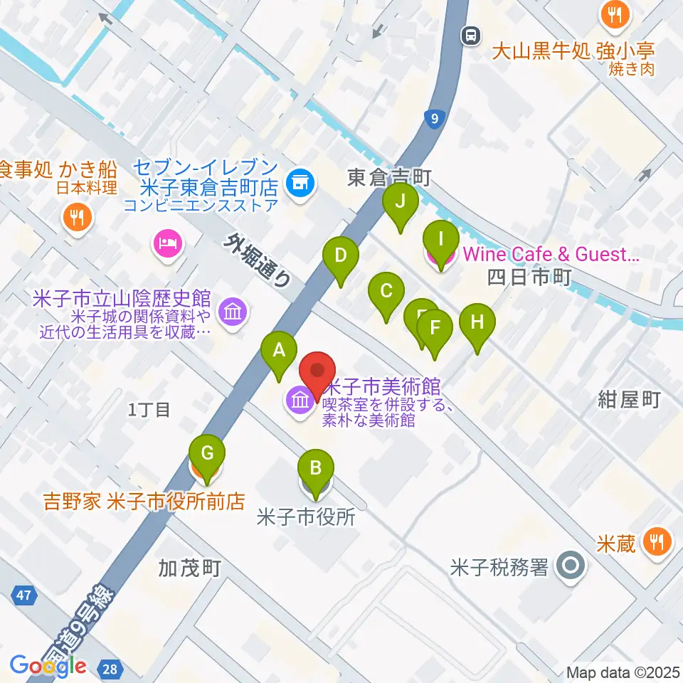 米子市美術館周辺のファミレス・ファーストフード一覧地図