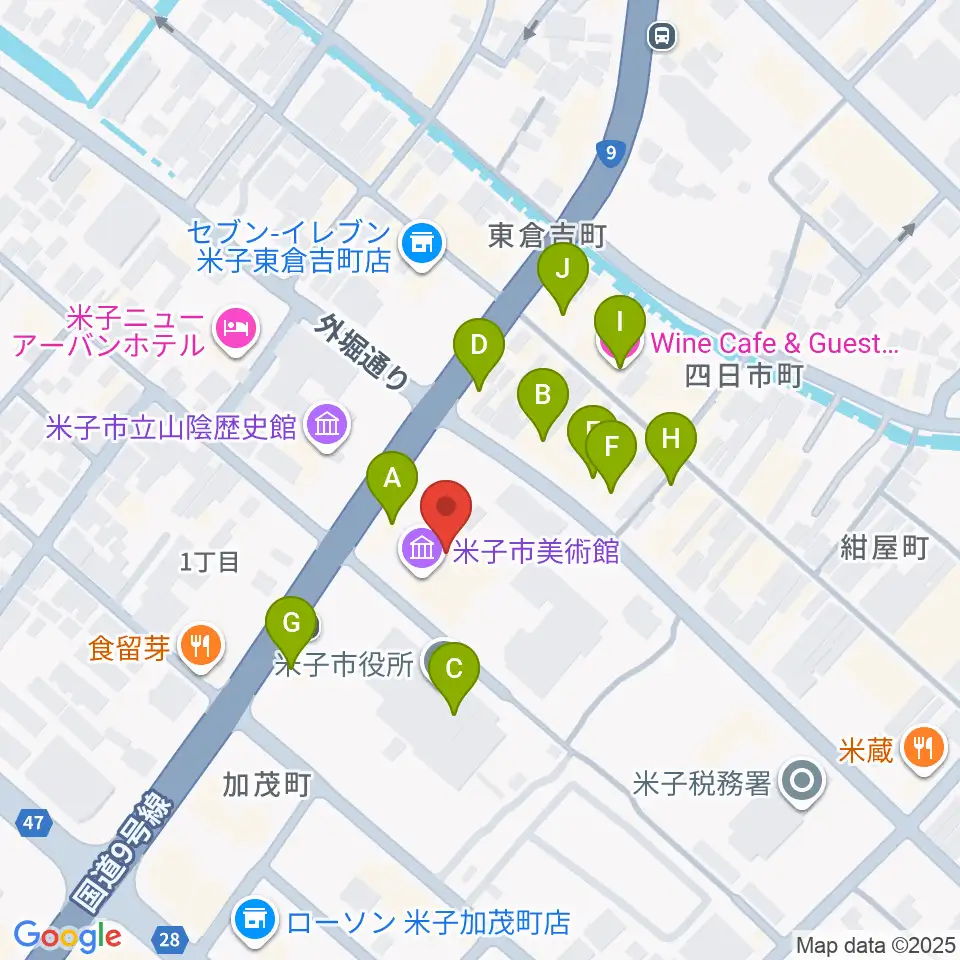 米子市美術館周辺のファミレス・ファーストフード一覧地図