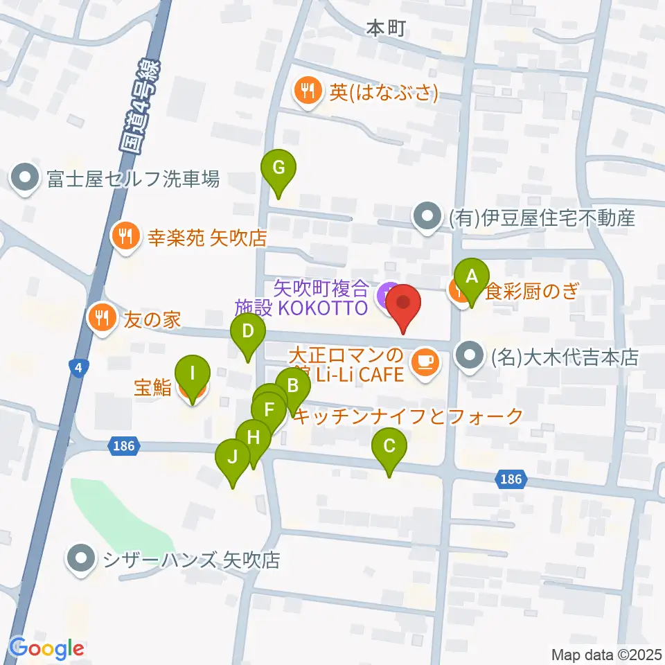 矢吹町中央公民館 KOKOTTOホール周辺のファミレス・ファーストフード一覧地図