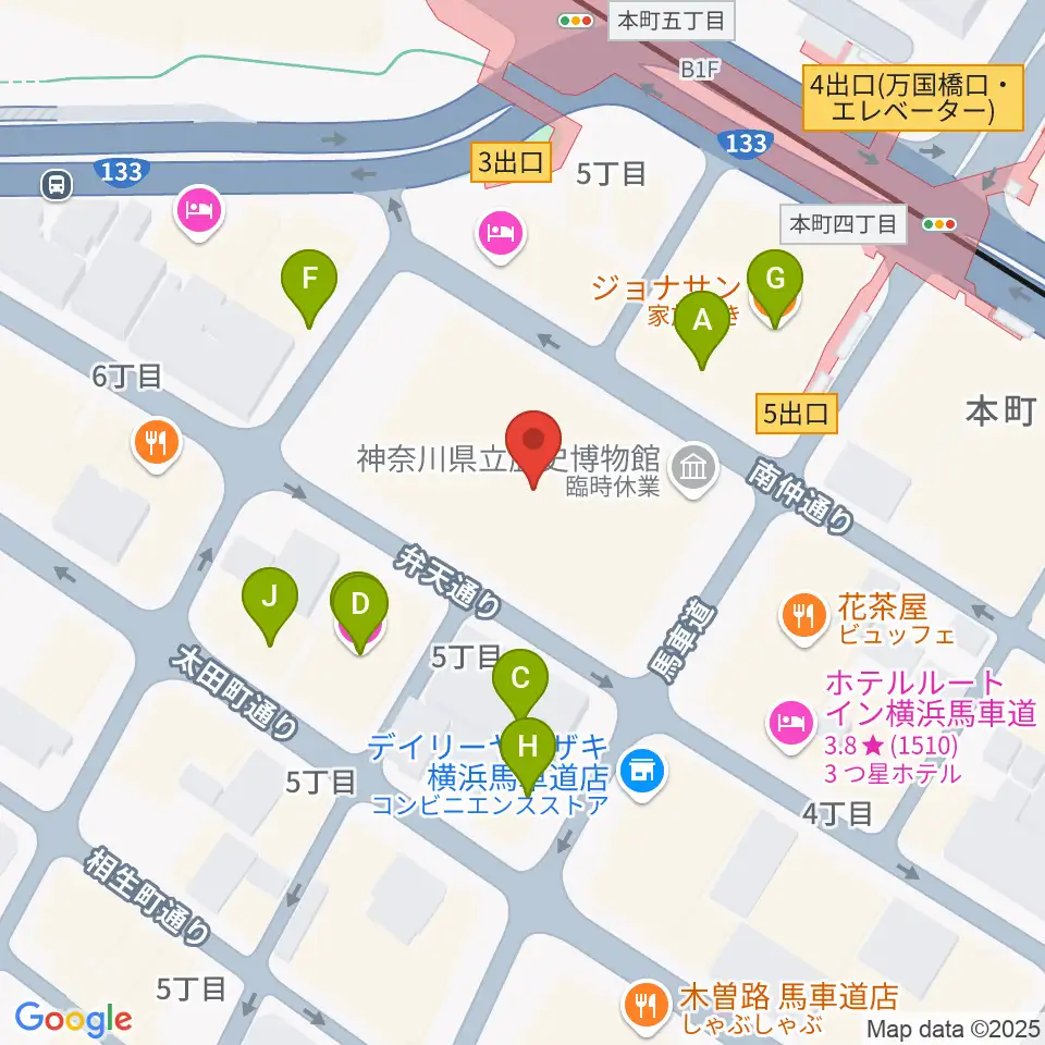 神奈川県立歴史博物館周辺のファミレス・ファーストフード一覧地図