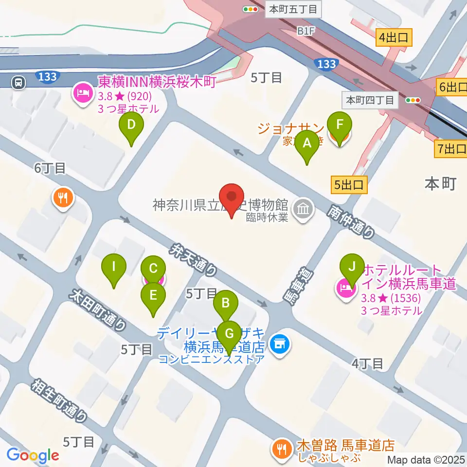 神奈川県立歴史博物館周辺のファミレス・ファーストフード一覧地図