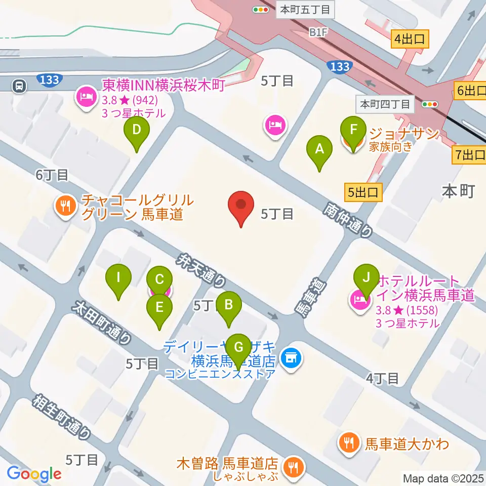 神奈川県立歴史博物館周辺のファミレス・ファーストフード一覧地図