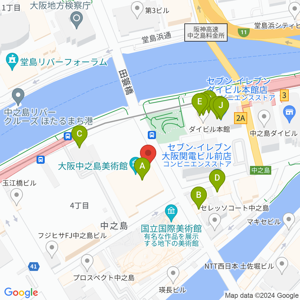 大阪中之島美術館周辺のファミレス・ファーストフード一覧地図