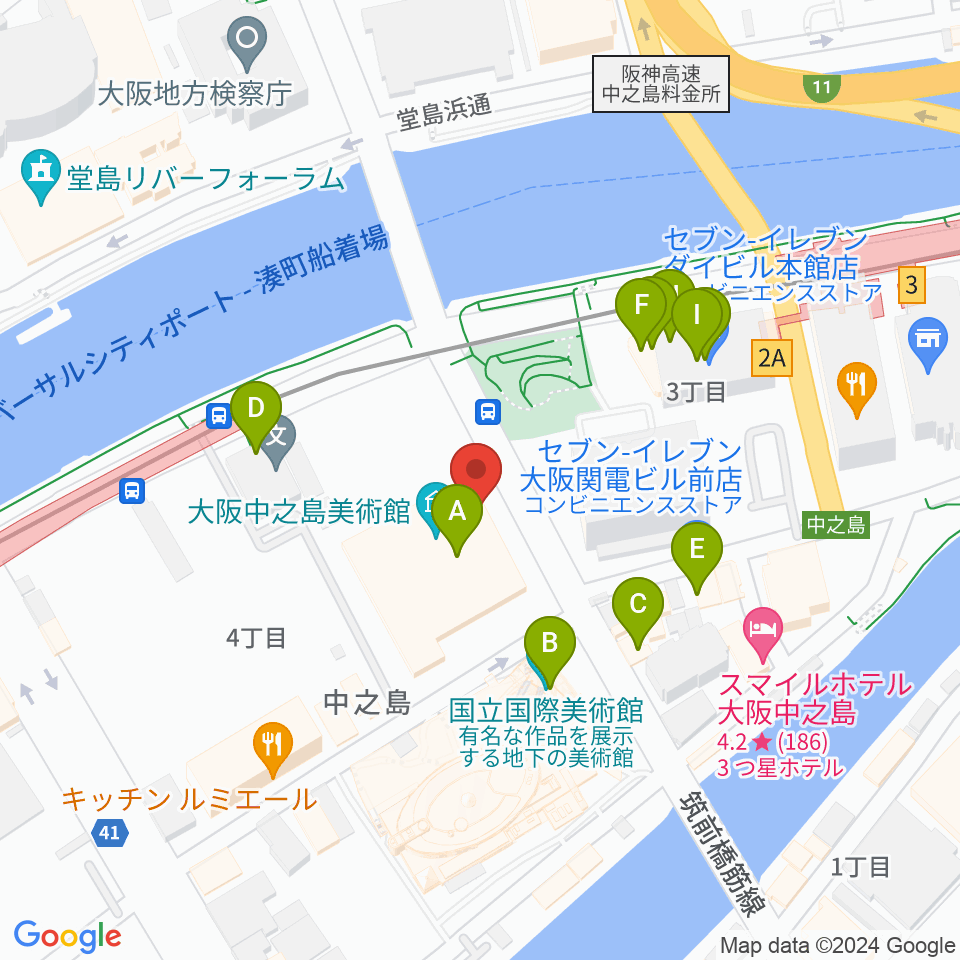 大阪中之島美術館周辺のファミレス・ファーストフード一覧地図