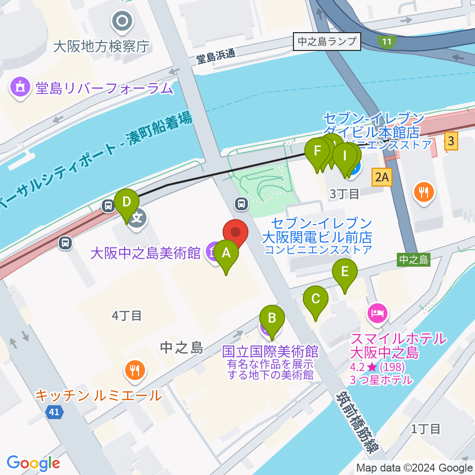 大阪中之島美術館周辺のファミレス・ファーストフード一覧地図