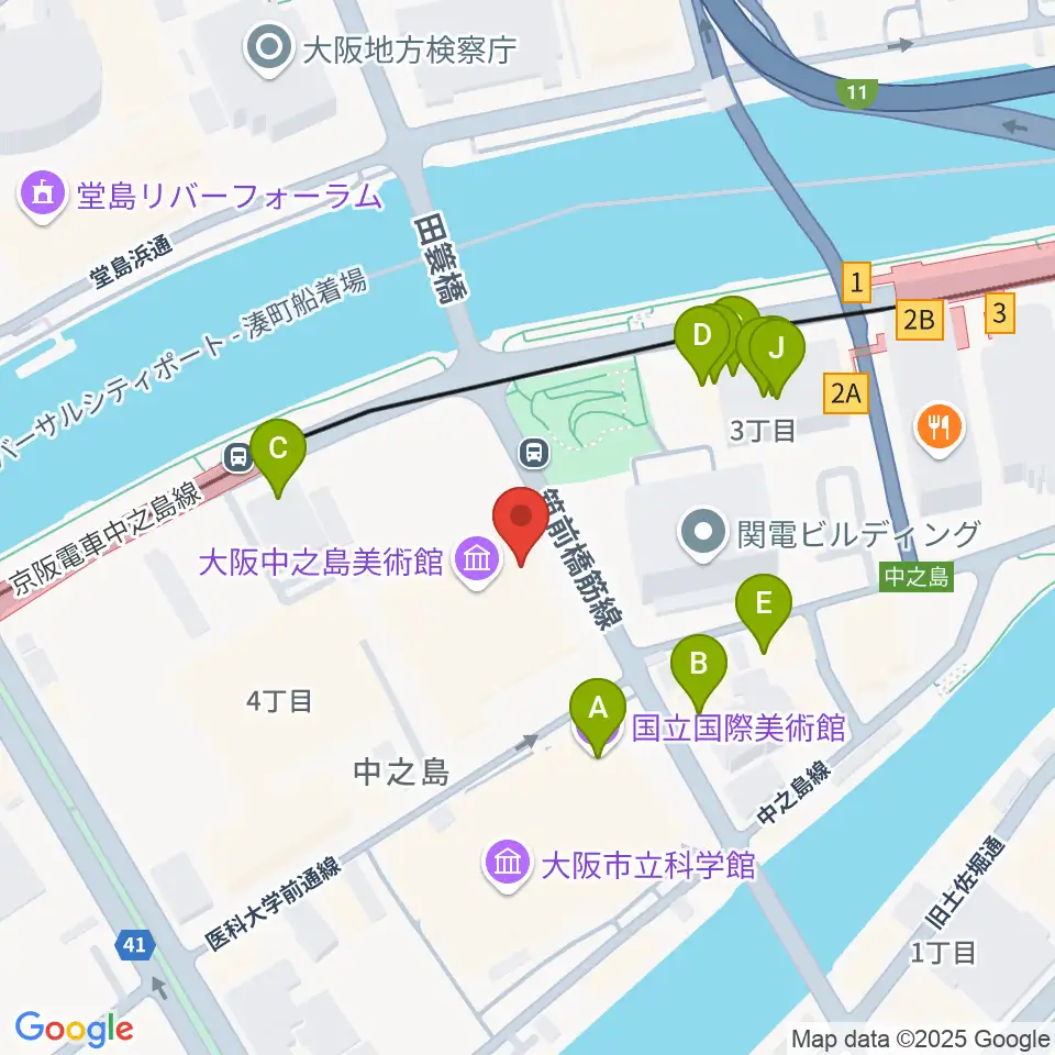 大阪中之島美術館周辺のファミレス・ファーストフード一覧地図