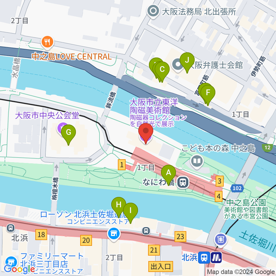 大阪市立東洋陶磁美術館周辺のファミレス・ファーストフード一覧地図