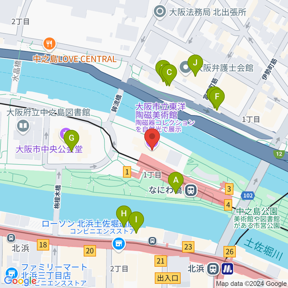 大阪市立東洋陶磁美術館周辺のファミレス・ファーストフード一覧地図