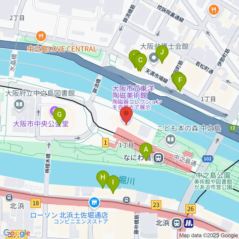 大阪市立東洋陶磁美術館周辺のファミレス・ファーストフード一覧地図