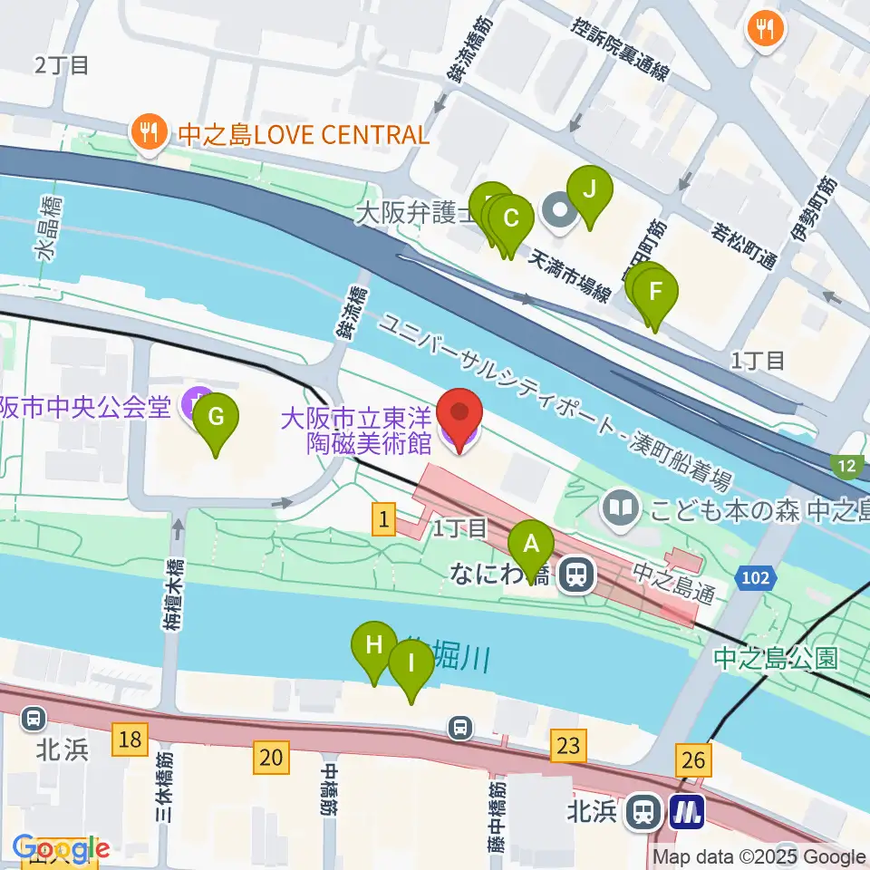 大阪市立東洋陶磁美術館周辺のファミレス・ファーストフード一覧地図