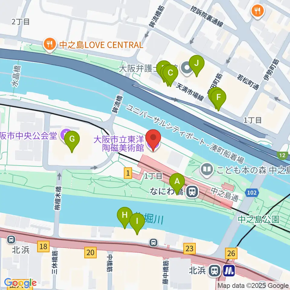 大阪市立東洋陶磁美術館周辺のファミレス・ファーストフード一覧地図