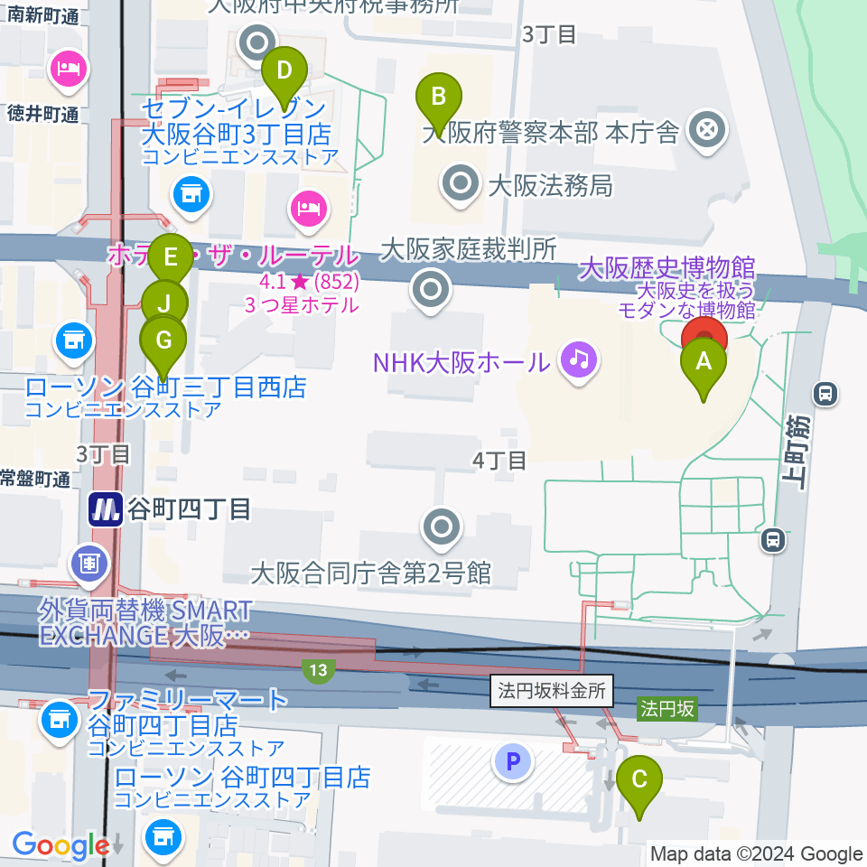 大阪歴史博物館周辺のファミレス・ファーストフード一覧地図