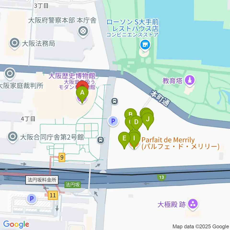 大阪歴史博物館周辺のファミレス・ファーストフード一覧地図