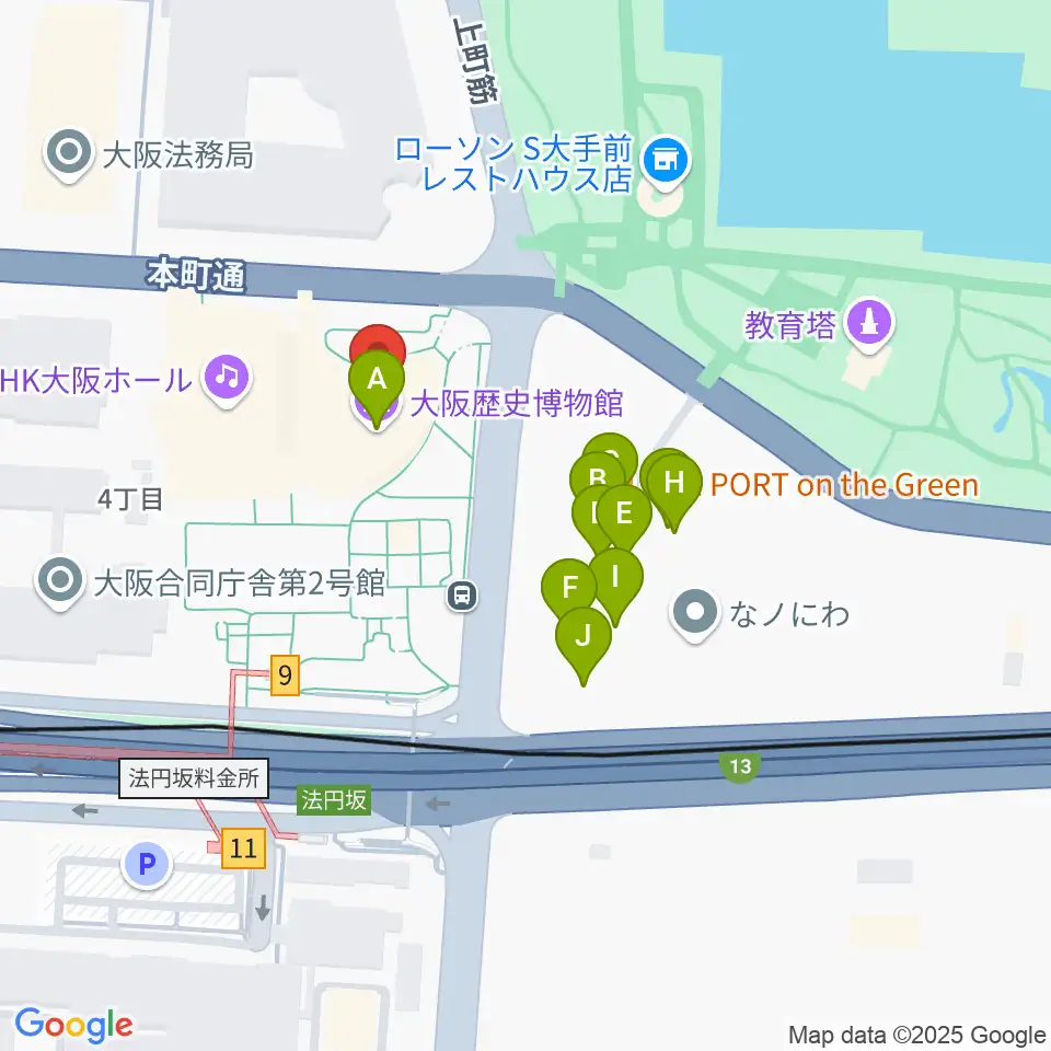 大阪歴史博物館周辺のファミレス・ファーストフード一覧地図