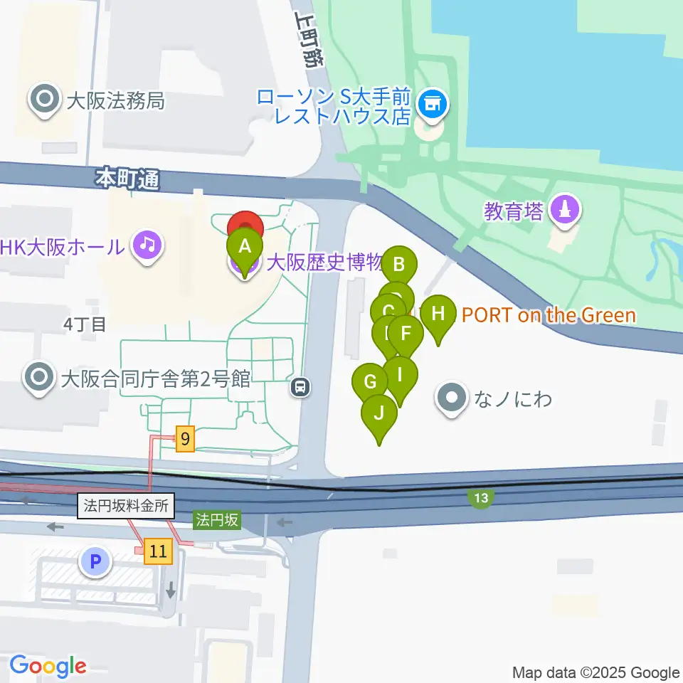 大阪歴史博物館周辺のファミレス・ファーストフード一覧地図