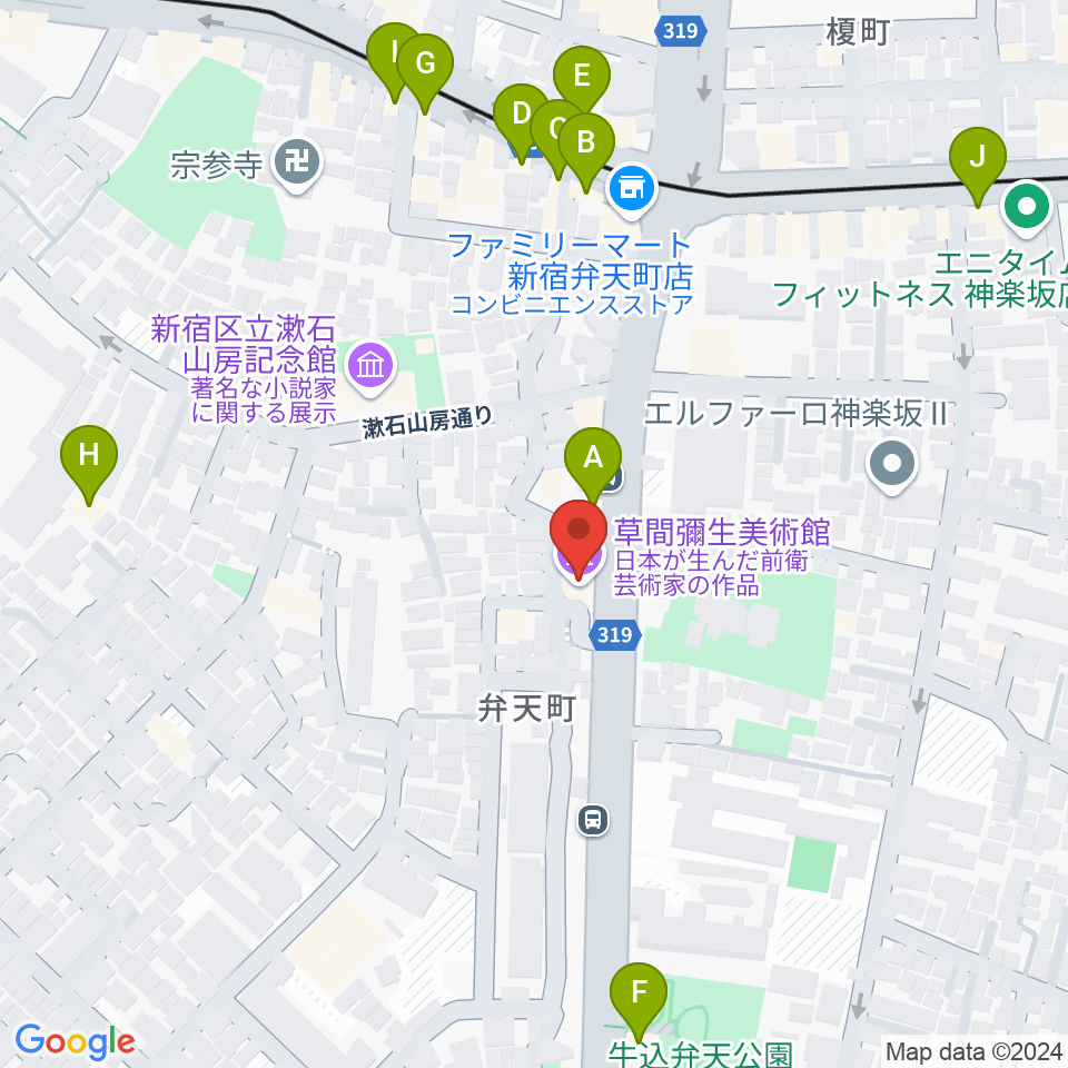 草間彌生美術館周辺のファミレス・ファーストフード一覧地図