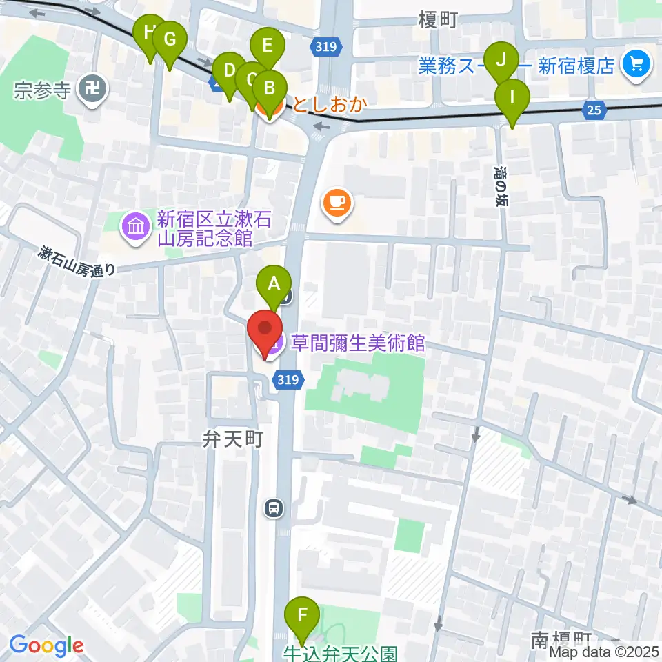 草間彌生美術館周辺のファミレス・ファーストフード一覧地図