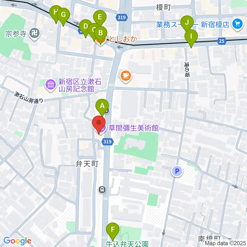 草間彌生美術館周辺のファミレス・ファーストフード一覧地図