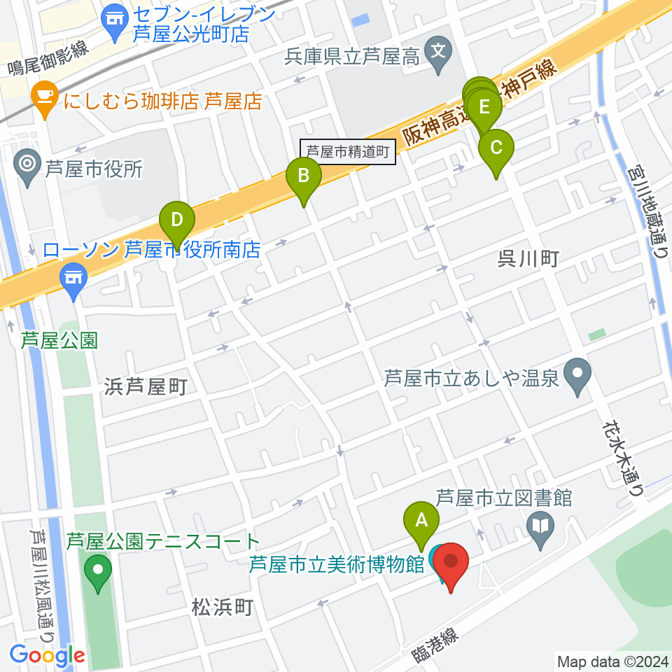 芦屋市立美術博物館周辺のファミレス・ファーストフード一覧地図