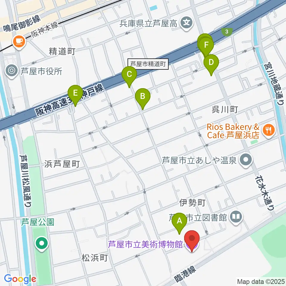 芦屋市立美術博物館周辺のファミレス・ファーストフード一覧地図