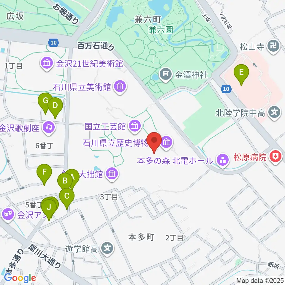 石川県立歴史博物館 いしかわ赤レンガミュージアム周辺のファミレス・ファーストフード一覧地図
